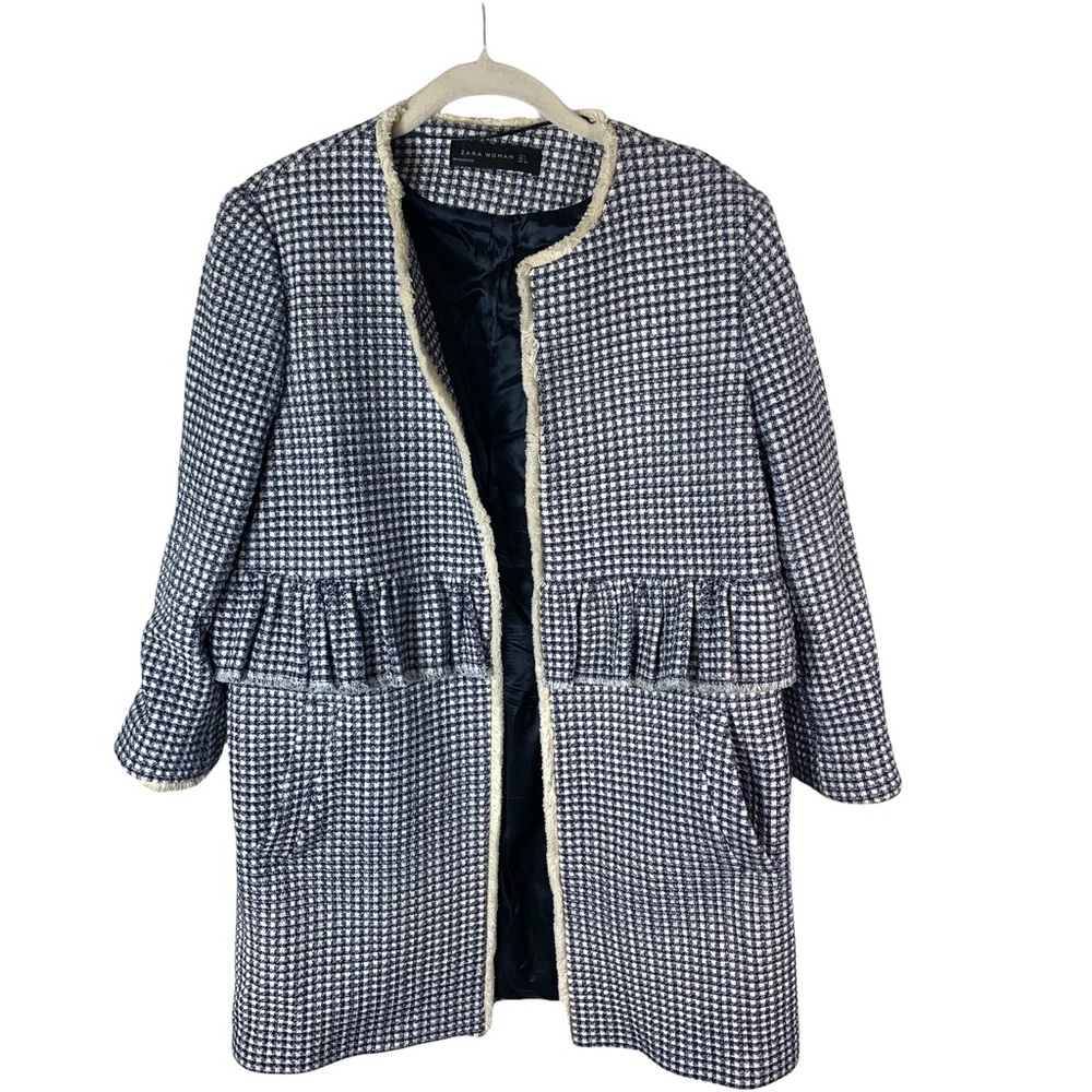 Zara Navy and White Houndstooth Tweed Coat